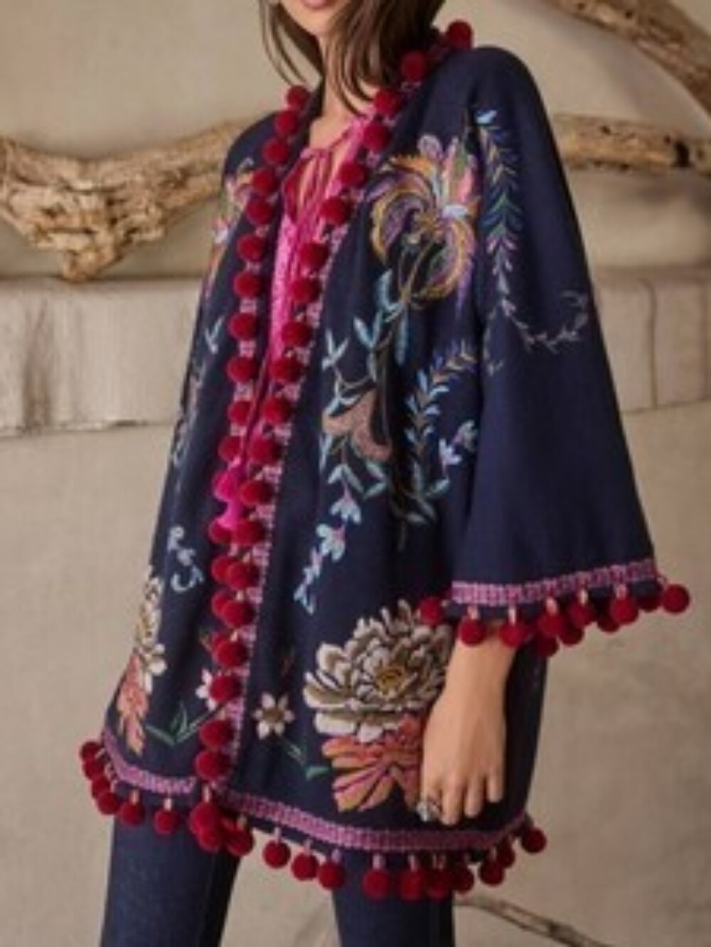 NWT Johnny Was Beautiful Embroidered Kimono XXL Embellished Pom Pom
